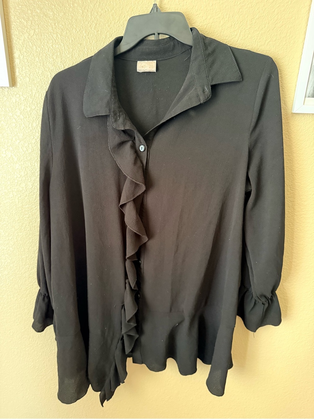 Women's Black Ruffle-Front Collared Blouse